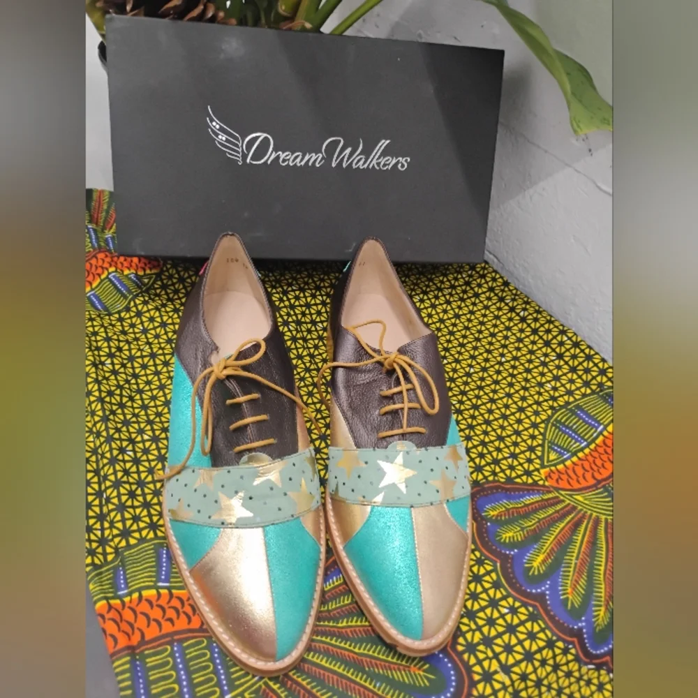 New Women's Teal Brown Gold Leather Oxford Flats Vintage Style Size 5 -9.5 - Picture 4 of 4